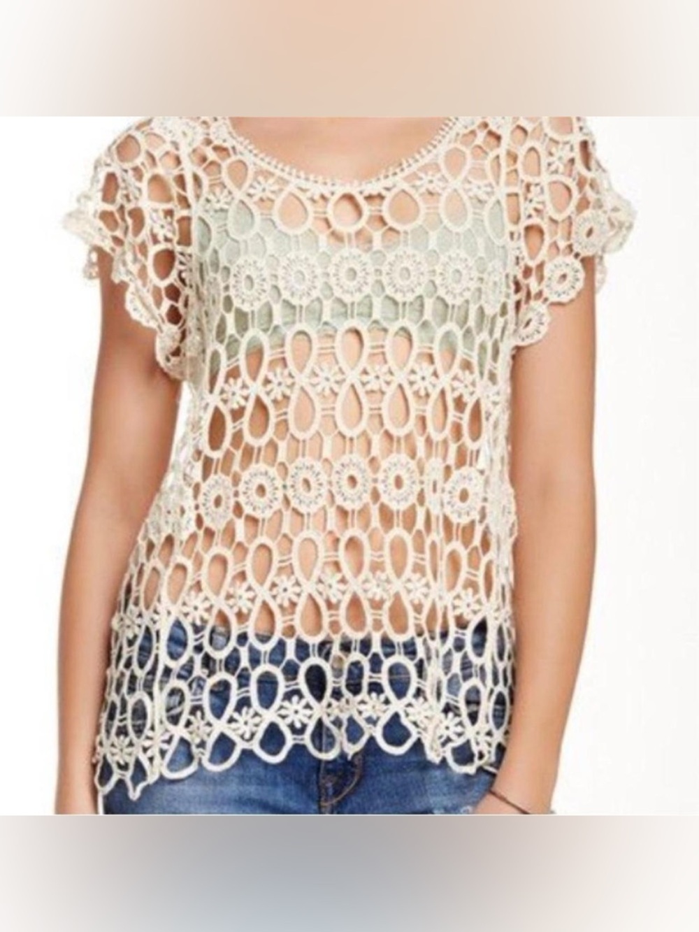 Women’s Open Crochet Lace Short Sleeve Top Cream